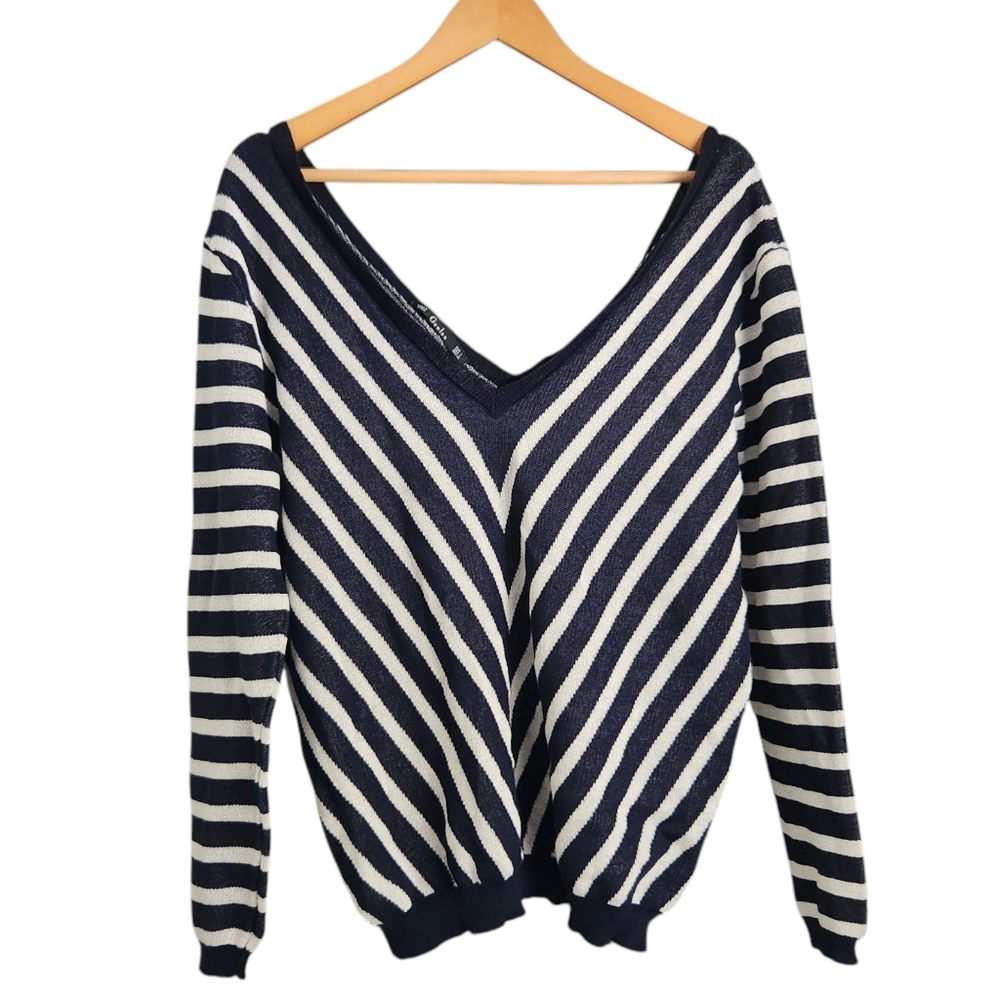 Ganlan Women's L Blue Knit V Neck Sweater Nautical Coastal Beach